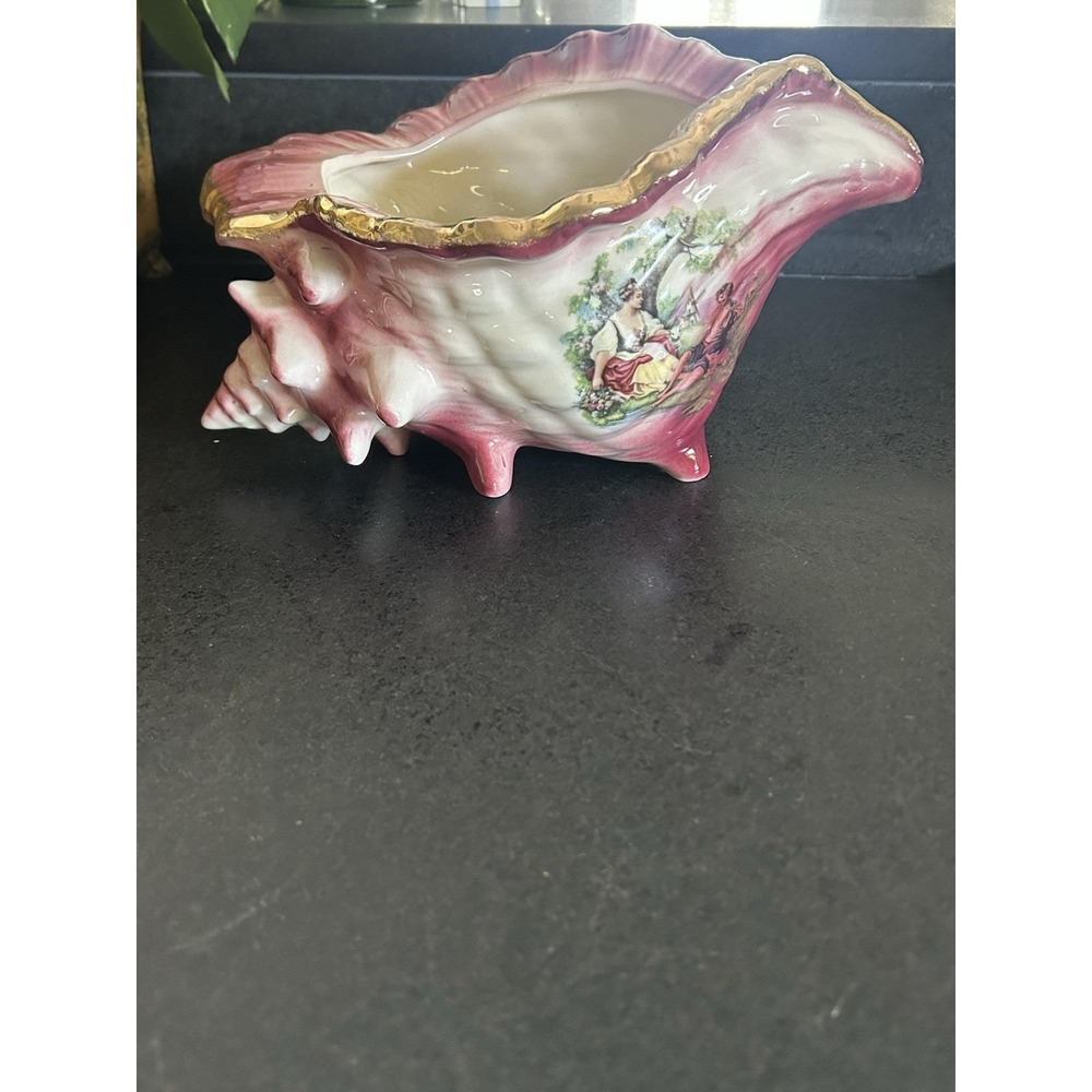 Vintage KLM Staffordshire Ceramic Seashell with Romantic Scene and Gold Trim